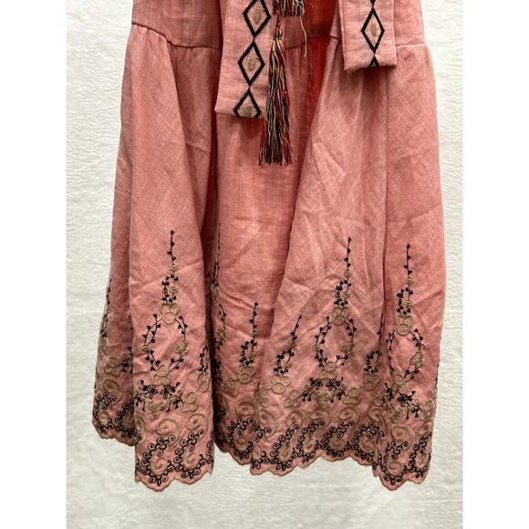 Misa Boho Dress Womens XS Pink Viscose Embroidered Tie Waist V Neck Drawstring - Picture 8 of 16